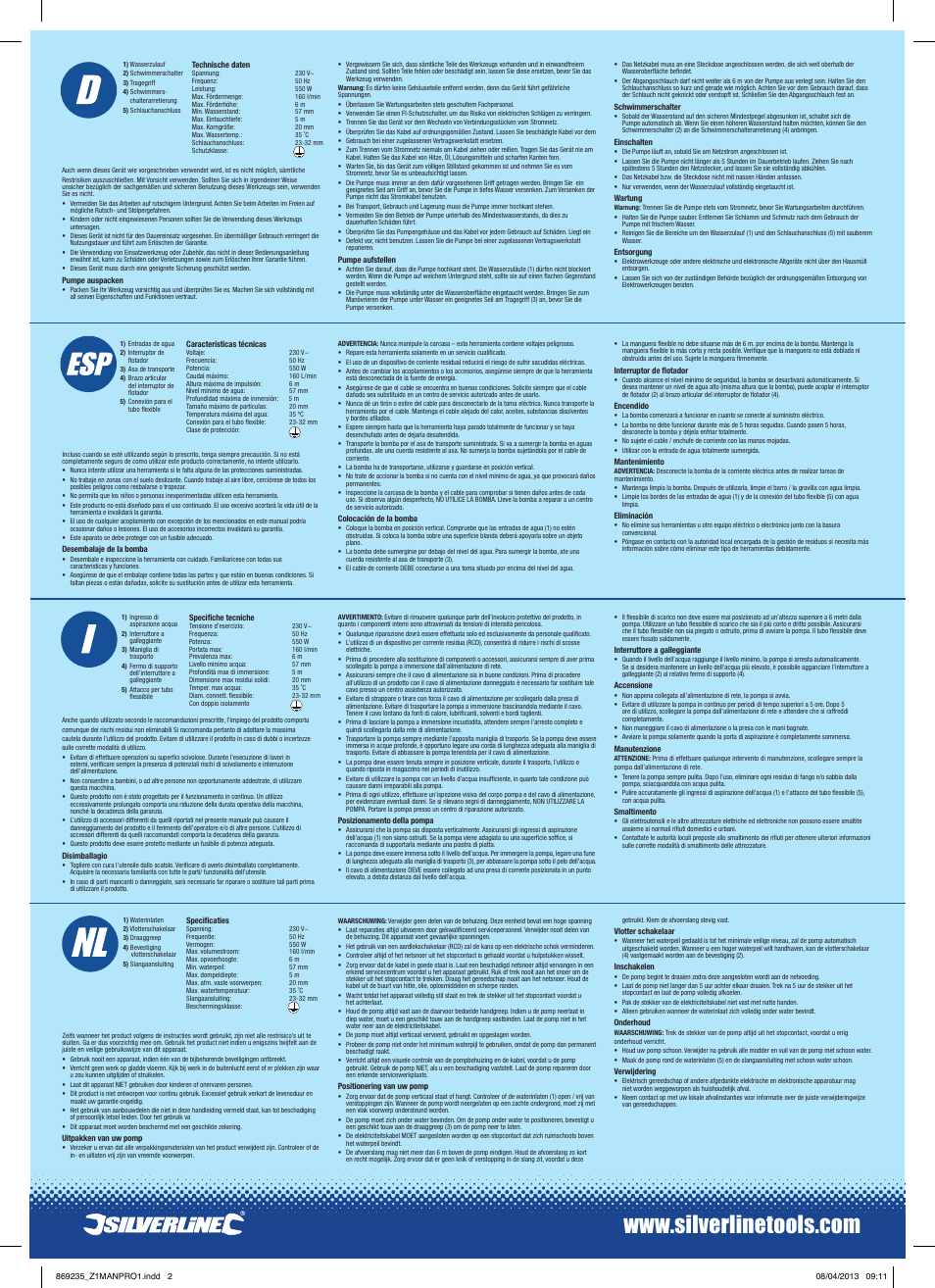 Silverline 550W Dirty Water Pump Stainless Steel User Manual | Page 2 / 2