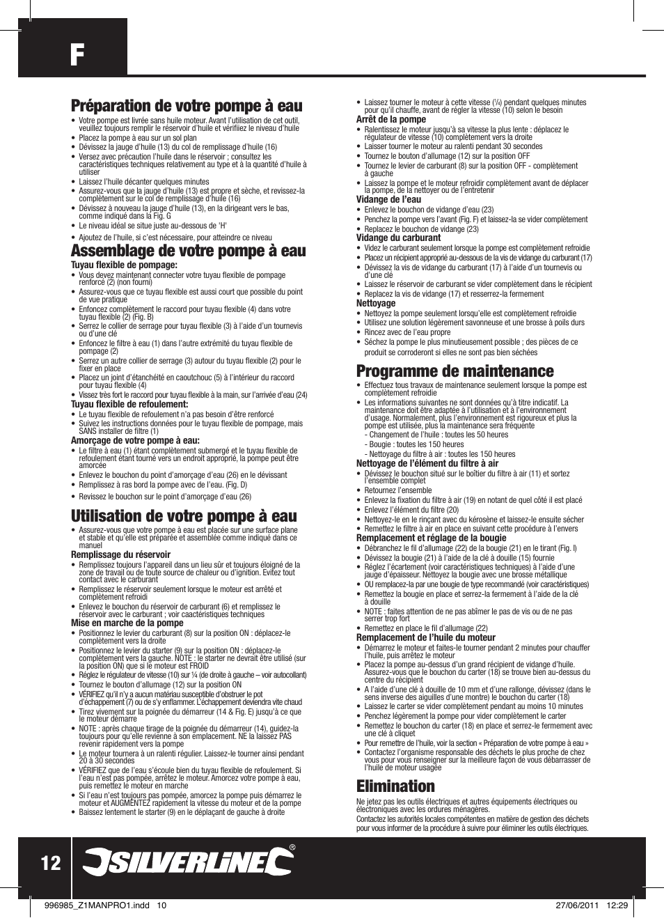 Préparation de votre pompe à eau, Assemblage de votre pompe à eau, Utilisation de votre pompe à eau | Programme de maintenance, Elimination | Silverline Clean Water Pump 2 User Manual | Page 13 / 30