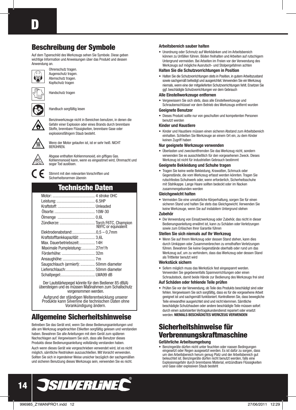 Sicherheitshinweise für verbrennungskraftmaschine, Allgemeine sicherheitshinweise, Technische daten | Beschreibung der symbole | Silverline Clean Water Pump 2 User Manual | Page 15 / 30