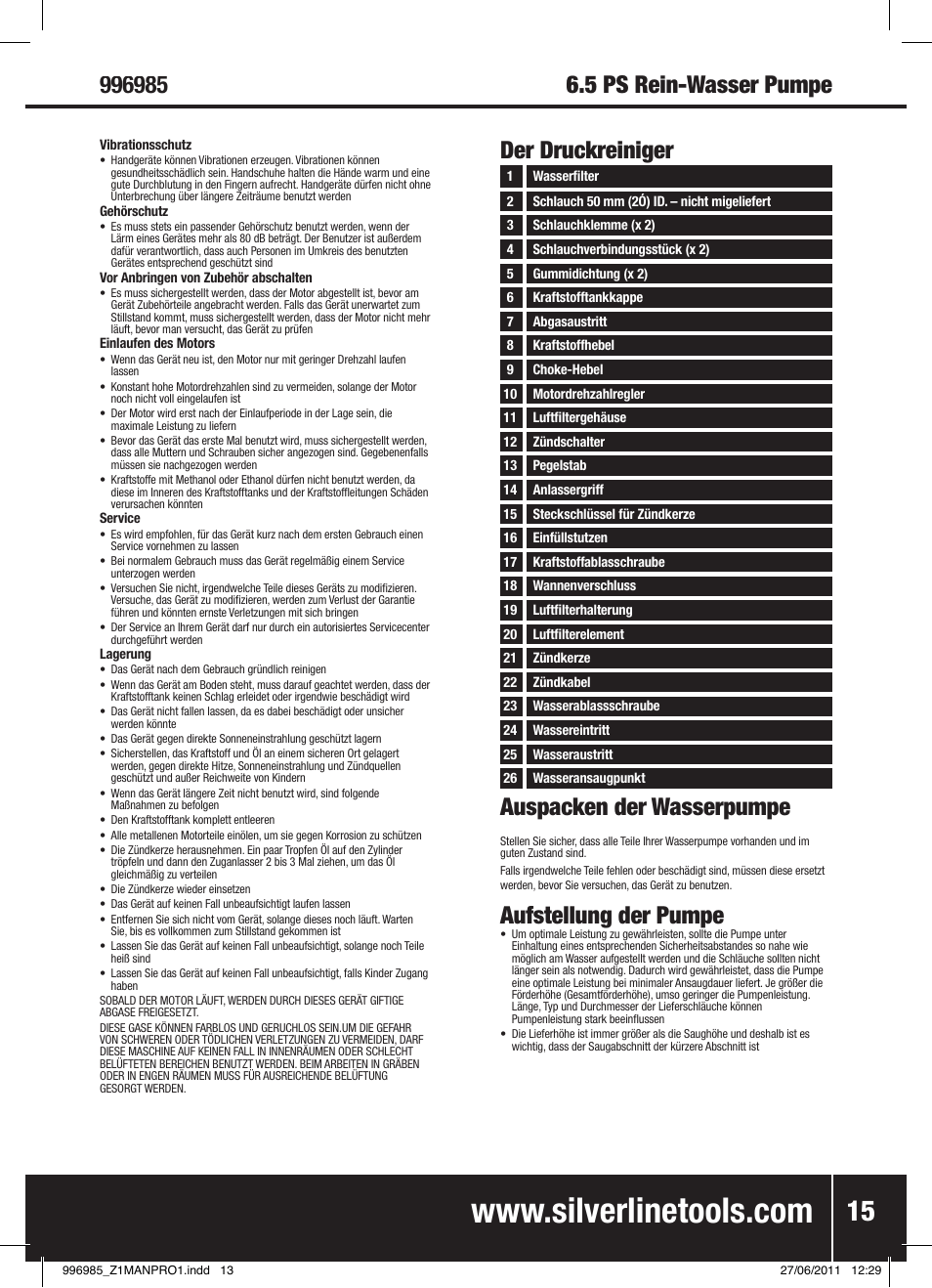 Auspacken der wasserpumpe, Aufstellung der pumpe, 5 ps rein-wasser pumpe der druckreiniger | Silverline Clean Water Pump 2 User Manual | Page 16 / 30