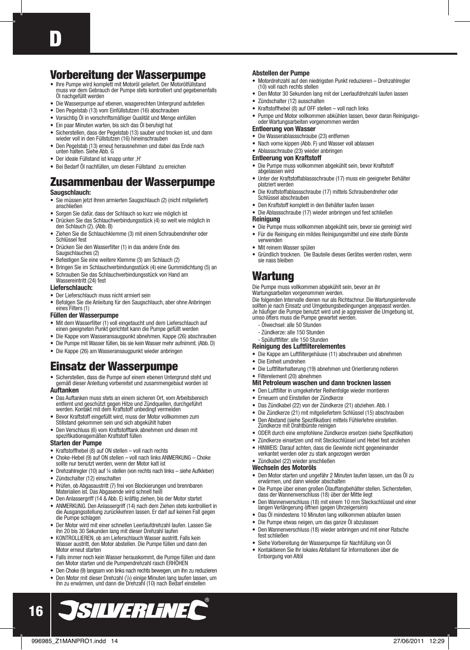 Vorbereitung der wasserpumpe, Zusammenbau der wasserpumpe, Einsatz der wasserpumpe | Wartung | Silverline Clean Water Pump 2 User Manual | Page 17 / 30