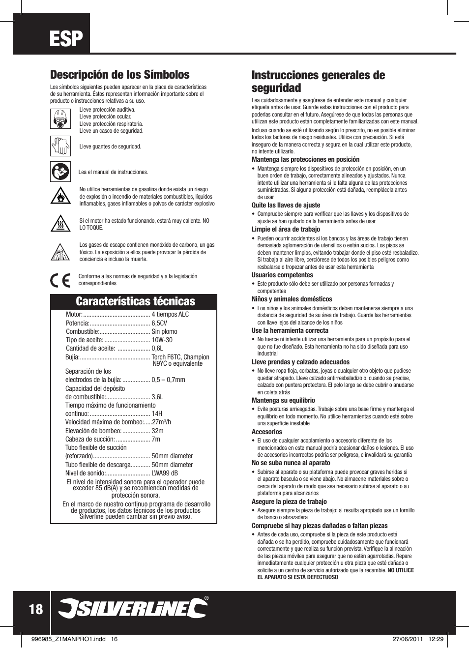 Instrucciones generales de seguridad, Características técnicas, Descripción de los símbolos | Silverline Clean Water Pump 2 User Manual | Page 19 / 30