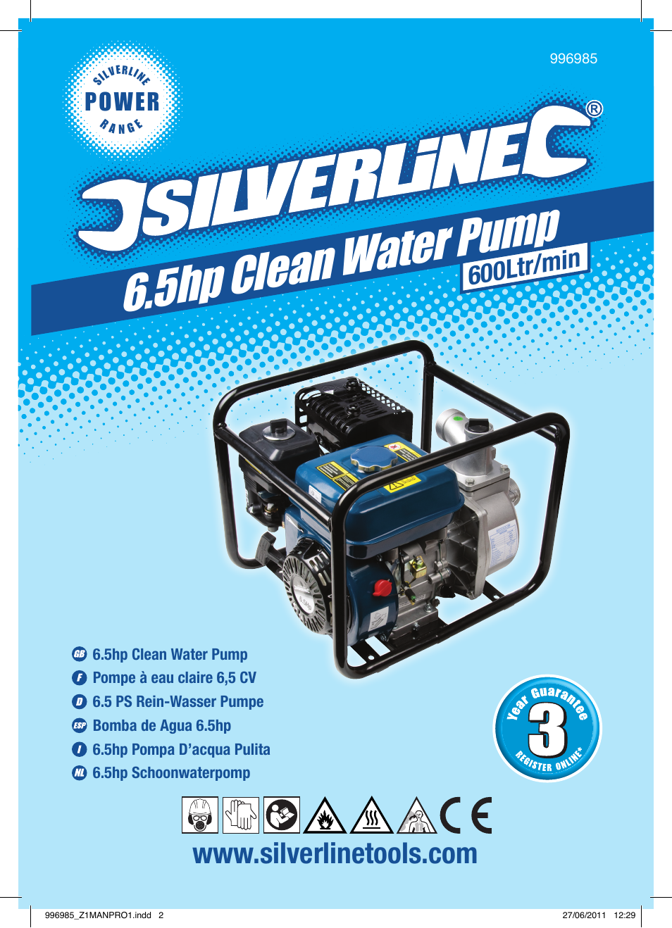 5hp clean water pump, 600ltr/min, Power | Silverline Clean Water Pump 2 User Manual | Page 2 / 30