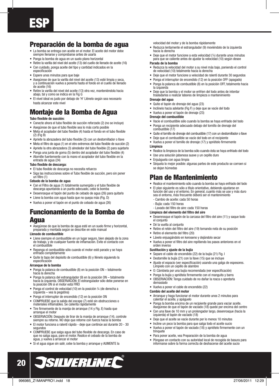 Preparación de la bomba de agua, Montaje de la bomba de agua, Funcionamiento de la bomba de agua | Plan de mantenimiento | Silverline Clean Water Pump 2 User Manual | Page 21 / 30