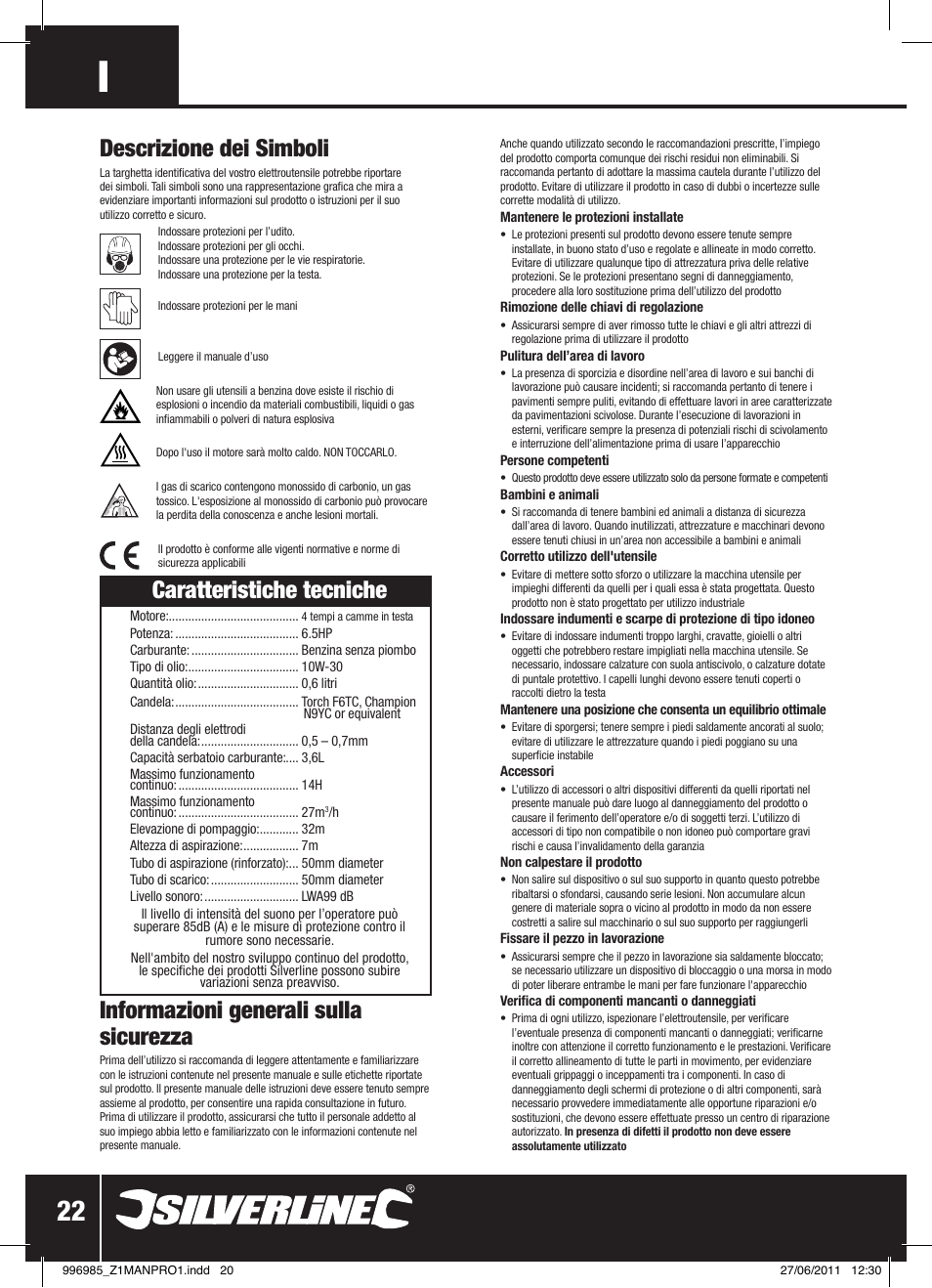 Informazioni generali sulla sicurezza, Caratteristiche tecniche, Descrizione dei simboli | Silverline Clean Water Pump 2 User Manual | Page 23 / 30