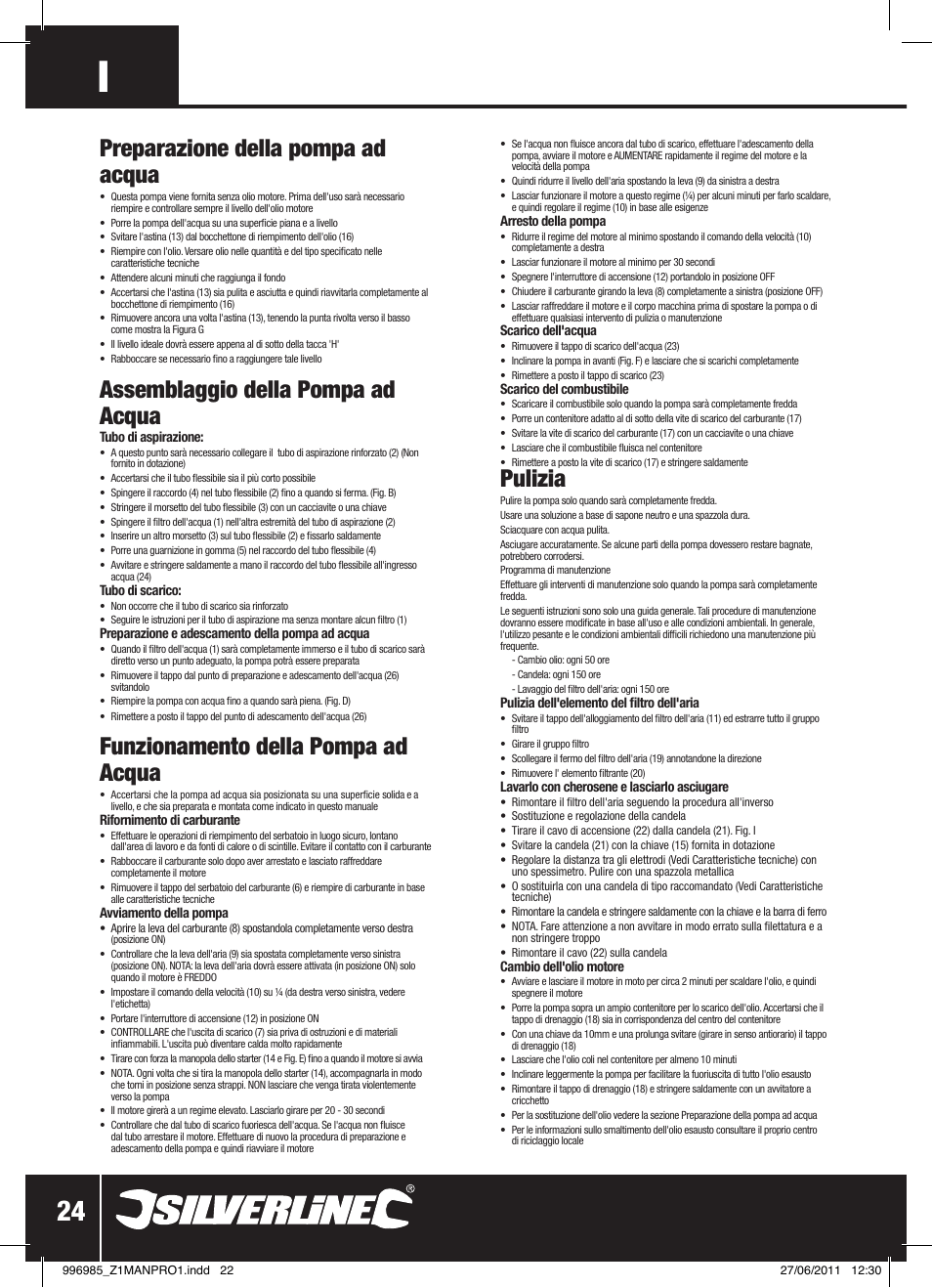 Preparazione della pompa ad acqua, Assemblaggio della pompa ad acqua, Funzionamento della pompa ad acqua | Pulizia | Silverline Clean Water Pump 2 User Manual | Page 25 / 30