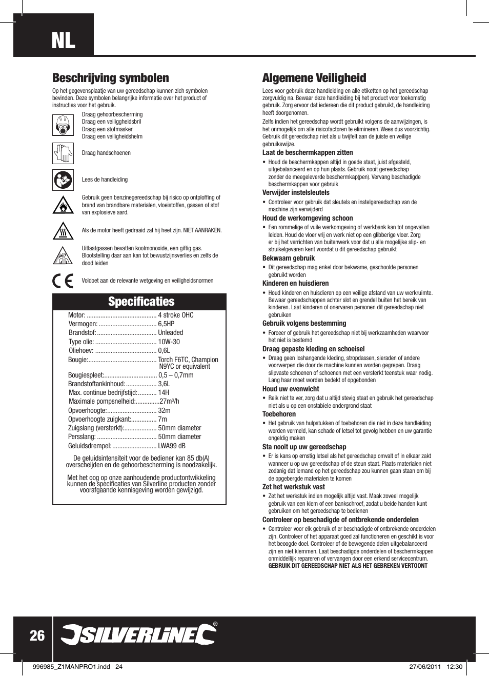 Algemene veiligheid, Specificaties, Beschrijving symbolen | Silverline Clean Water Pump 2 User Manual | Page 27 / 30