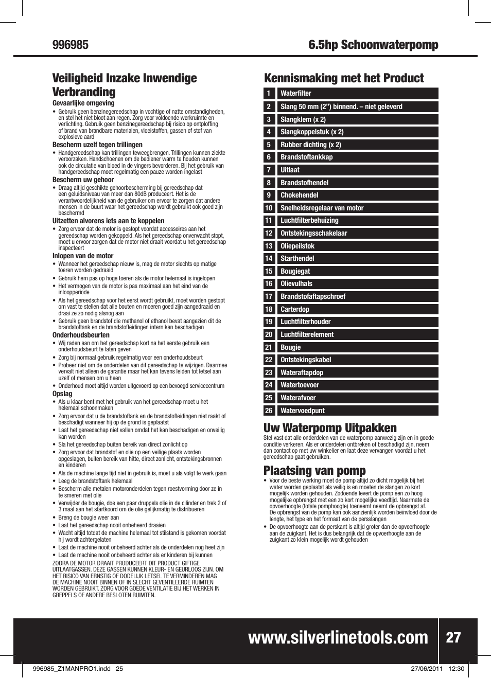 Uw waterpomp uitpakken, Plaatsing van pomp, Kennismaking met het product | Silverline Clean Water Pump 2 User Manual | Page 28 / 30