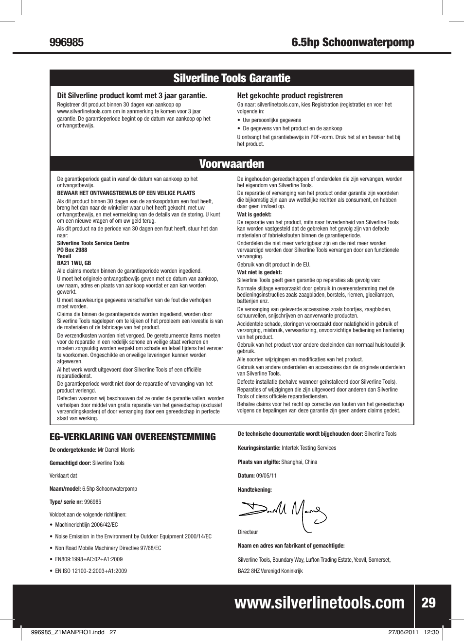 Voorwaarden silverline tools garantie, Eg-verklaring van overeenstemming | Silverline Clean Water Pump 2 User Manual | Page 30 / 30