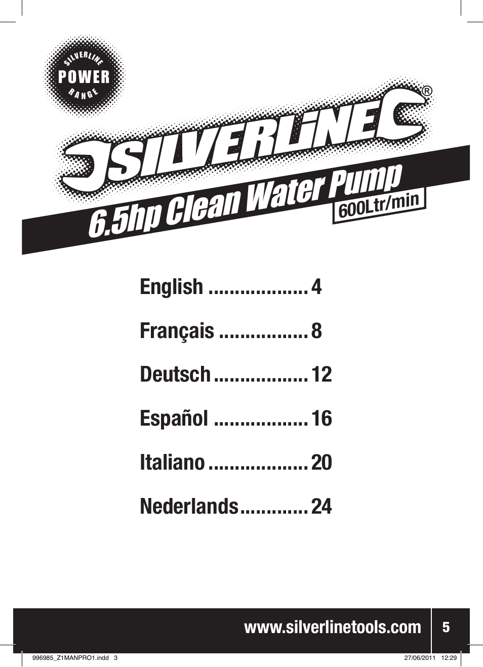 5hp clean water pump, 600ltr/min, Power | Silverline Clean Water Pump 2 User Manual | Page 6 / 30