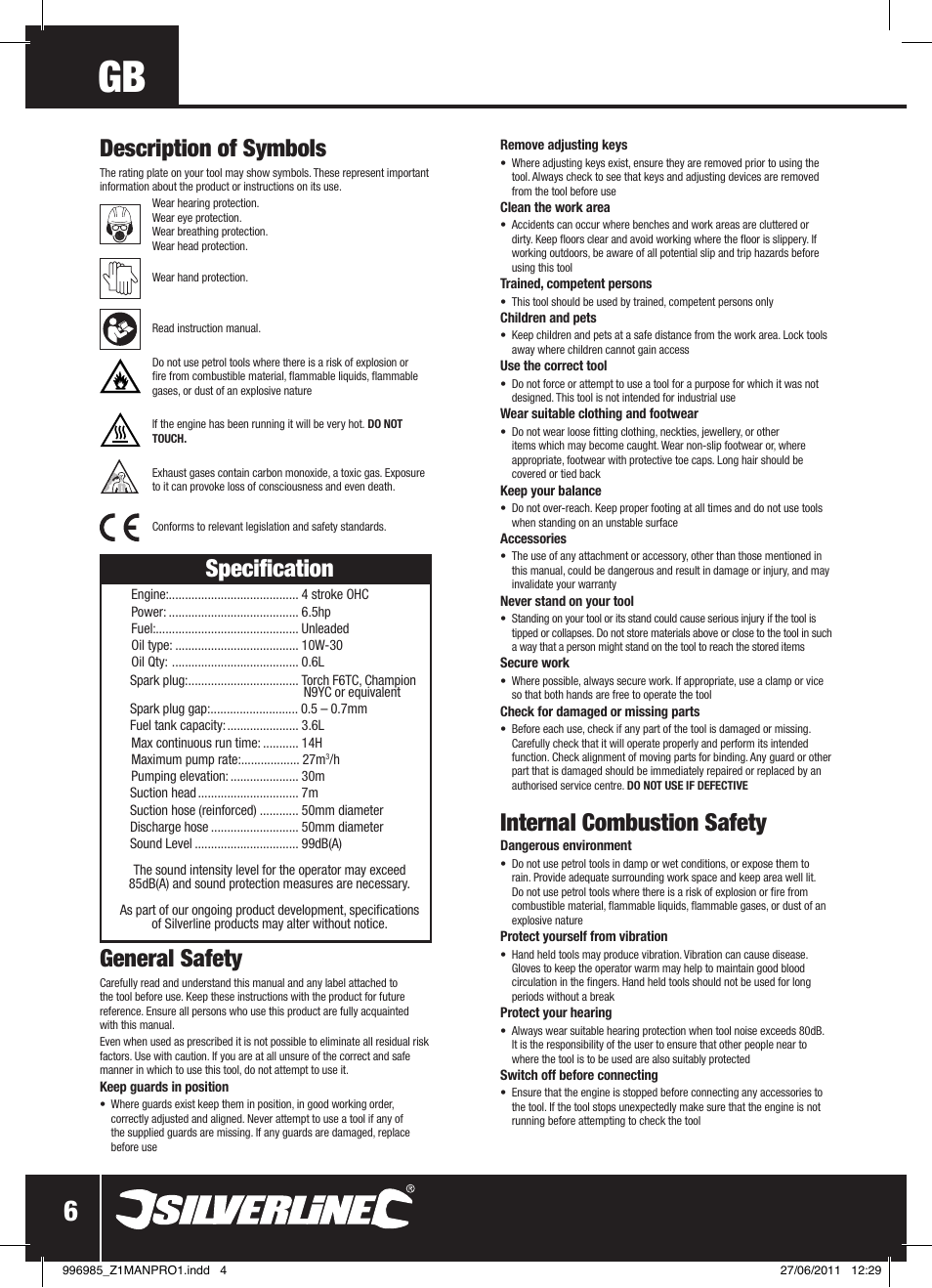 Internal combustion safety, Specification, General safety | Description of symbols | Silverline Clean Water Pump 2 User Manual | Page 7 / 30