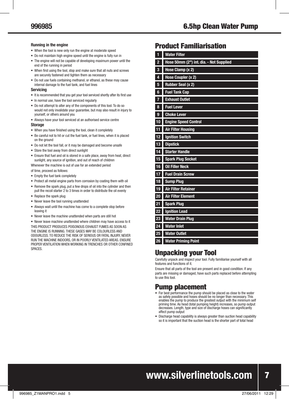 5hp clean water pump, Unpacking your tool, Pump placement | Product familiarisation | Silverline Clean Water Pump 2 User Manual | Page 8 / 30
