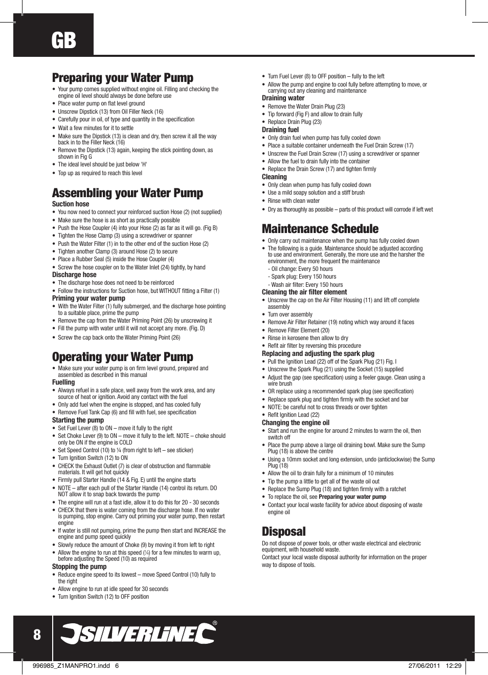 Preparing your water pump, Assembling your water pump, Operating your water pump | Maintenance schedule, Disposal | Silverline Clean Water Pump 2 User Manual | Page 9 / 30