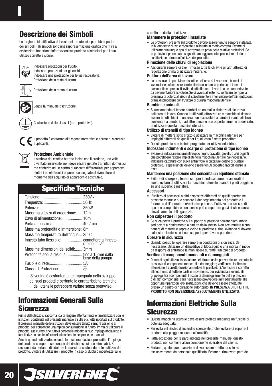 Informazioni elettriche sulla sicurezza, Informazioni generali sulla sicurezza, Specifiche tecniche | Descrizione dei simboli | Silverline Water Butt Pump 350W User Manual | Page 21 / 28