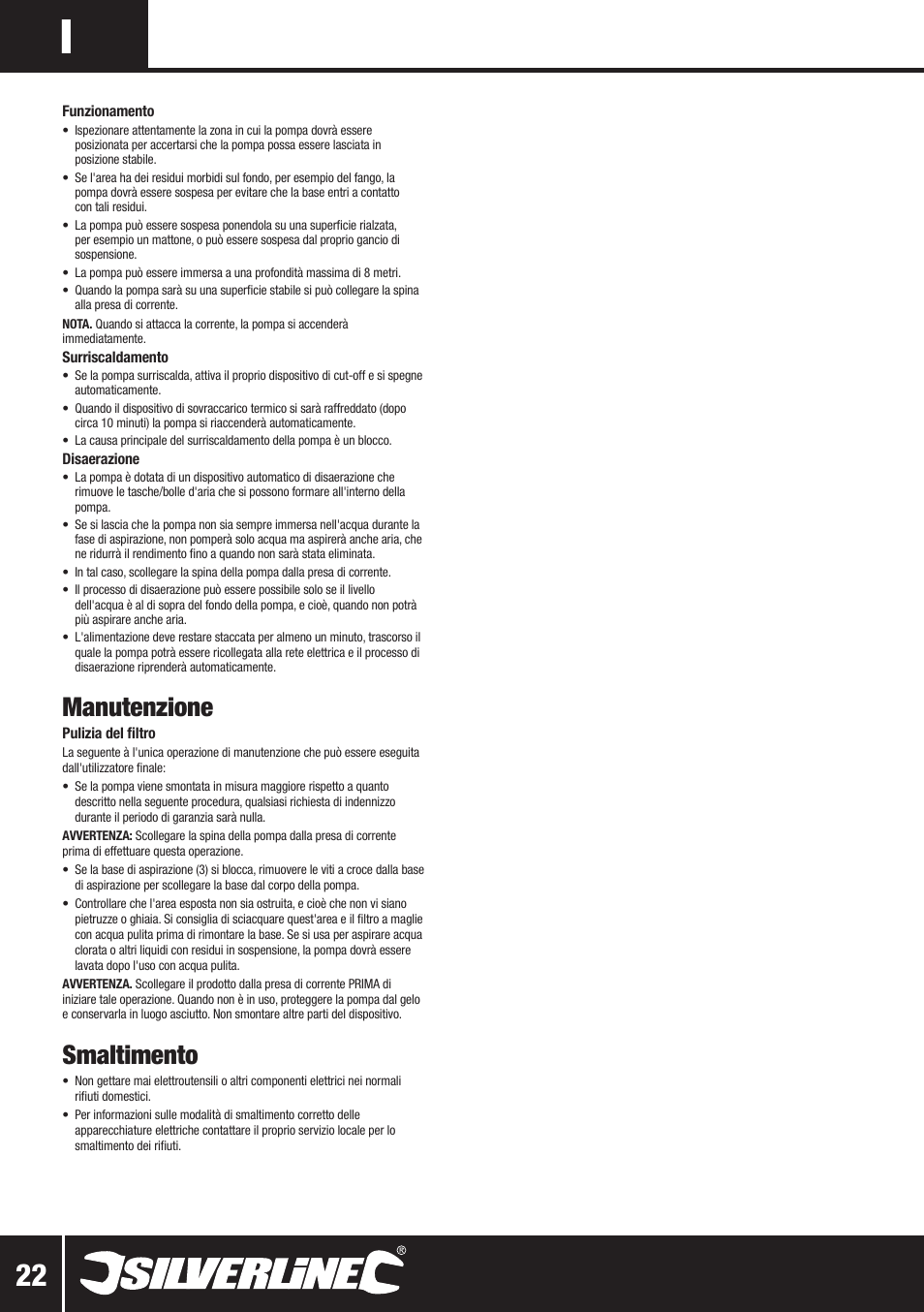 Manutenzione, Smaltimento | Silverline Water Butt Pump 350W User Manual | Page 23 / 28