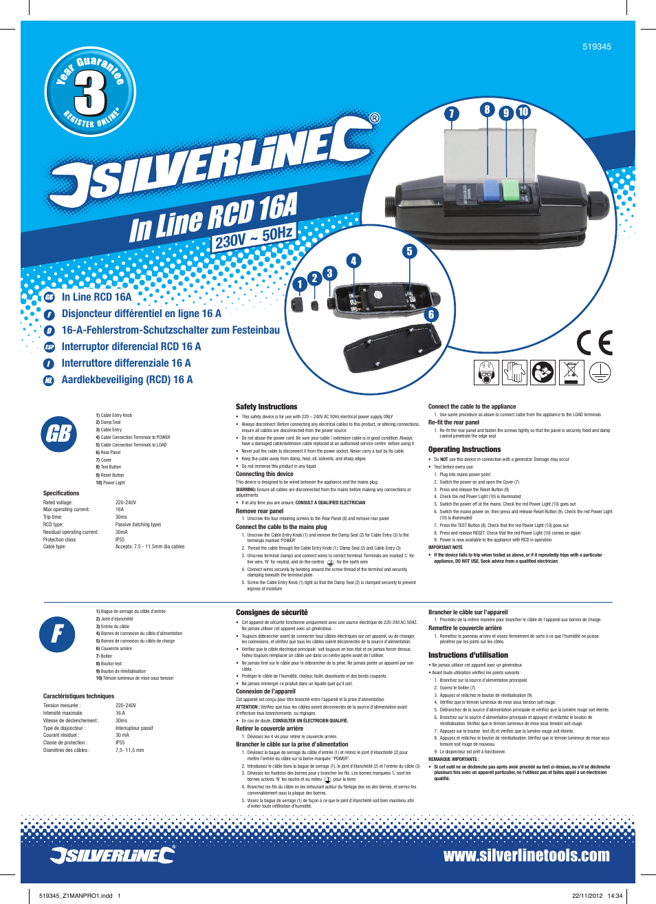 Silverline In Line RCD 16A User Manual | 2 pages