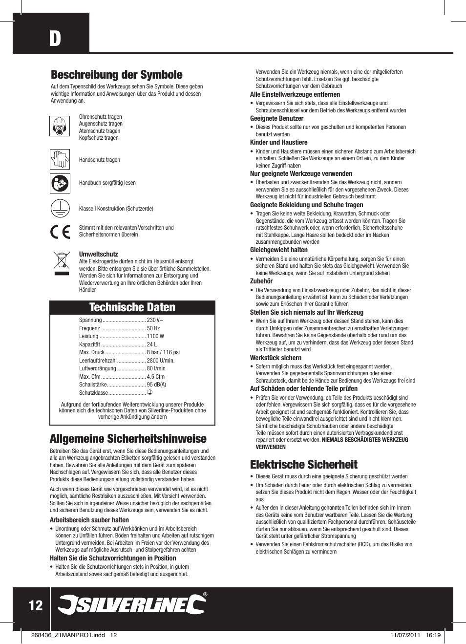 Elektrische sicherheit, Allgemeine sicherheitshinweise, Technische daten | Beschreibung der symbole | Silverline Oil-Free Air Compressor 24Ltr User Manual | Page 13 / 28