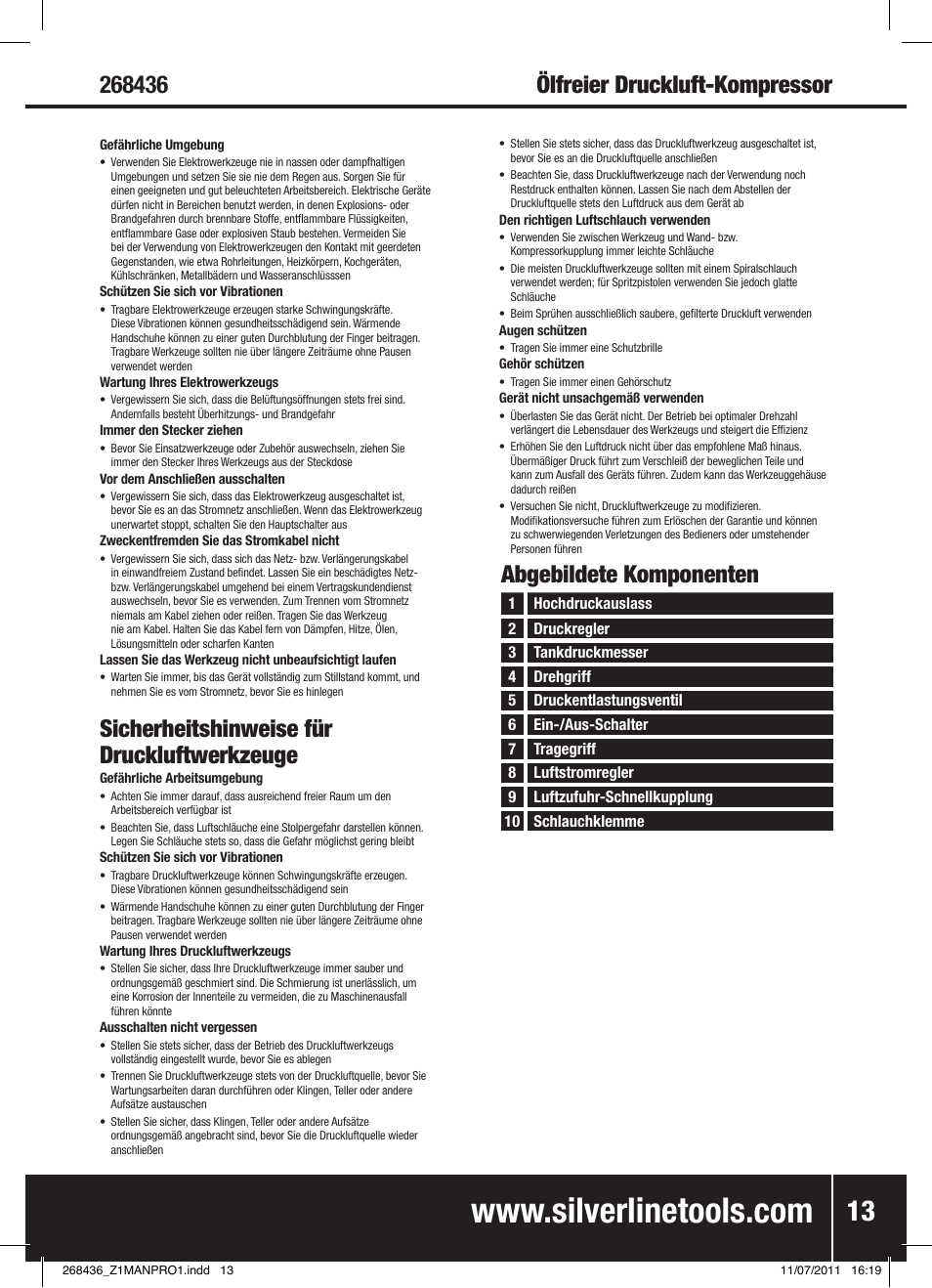 Sicherheitshinweise für druckluftwerkzeuge, Abgebildete komponenten | Silverline Oil-Free Air Compressor 24Ltr User Manual | Page 14 / 28