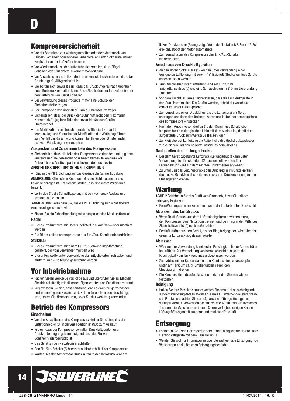 Kompressorsicherheit, Vor inbetriebnahme, Betrieb des kompressors | Wartung, Entsorgung | Silverline Oil-Free Air Compressor 24Ltr User Manual | Page 15 / 28