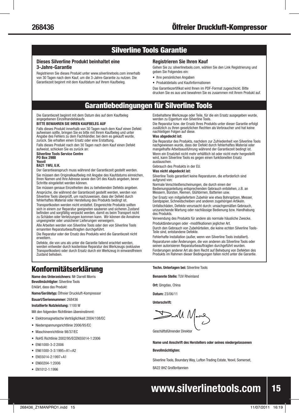 Konformitätserklärung | Silverline Oil-Free Air Compressor 24Ltr User Manual | Page 16 / 28