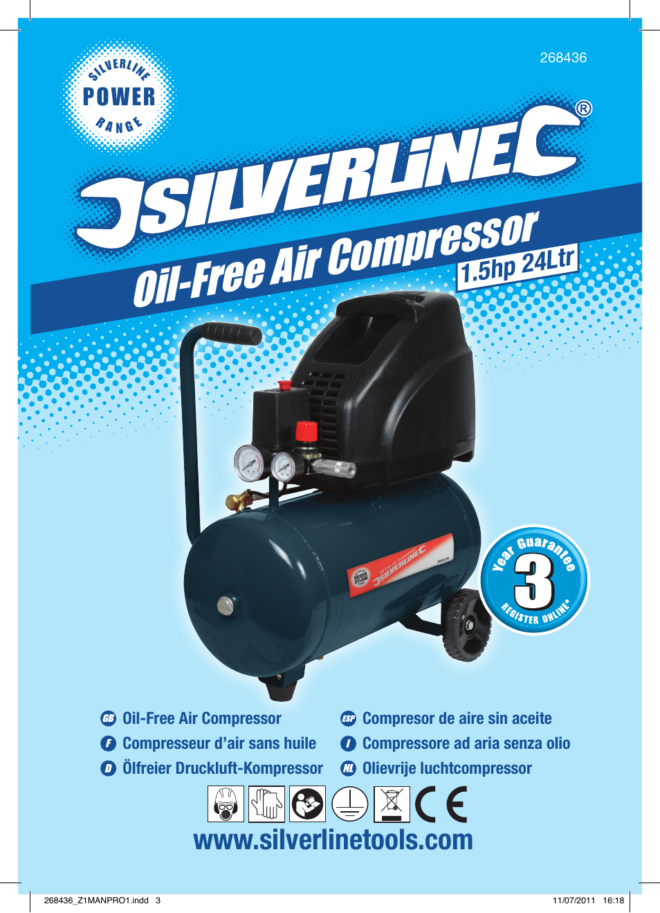 Oil-free air compressor, 5hp 24ltr, Power | Silverline Oil-Free Air Compressor 24Ltr User Manual | Page 2 / 28