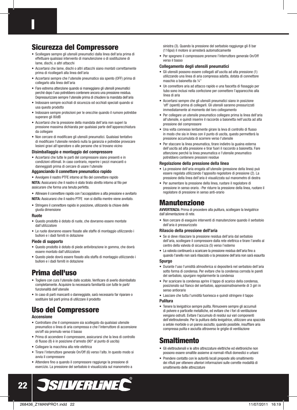 Sicurezza del compressore, Prima dell'uso, Uso del compressore | Manutenzione, Smaltimento | Silverline Oil-Free Air Compressor 24Ltr User Manual | Page 23 / 28