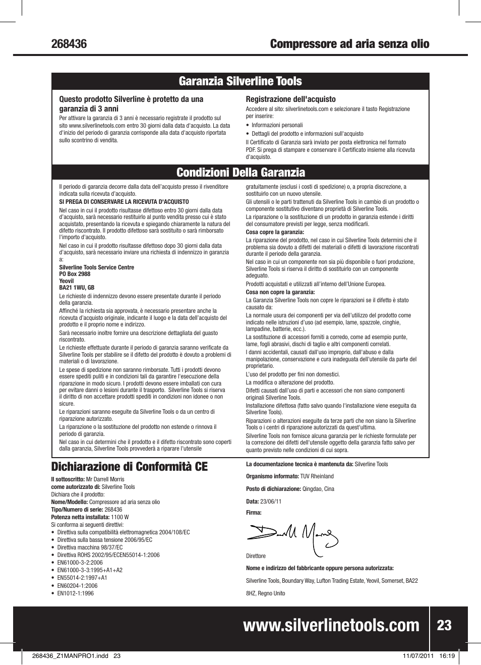 Dichiarazione di conformità ce | Silverline Oil-Free Air Compressor 24Ltr User Manual | Page 24 / 28