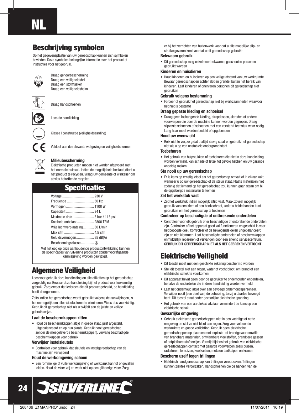 Elektrische veiligheid, Algemene veiligheid, Specificaties | Beschrijving symbolen | Silverline Oil-Free Air Compressor 24Ltr User Manual | Page 25 / 28