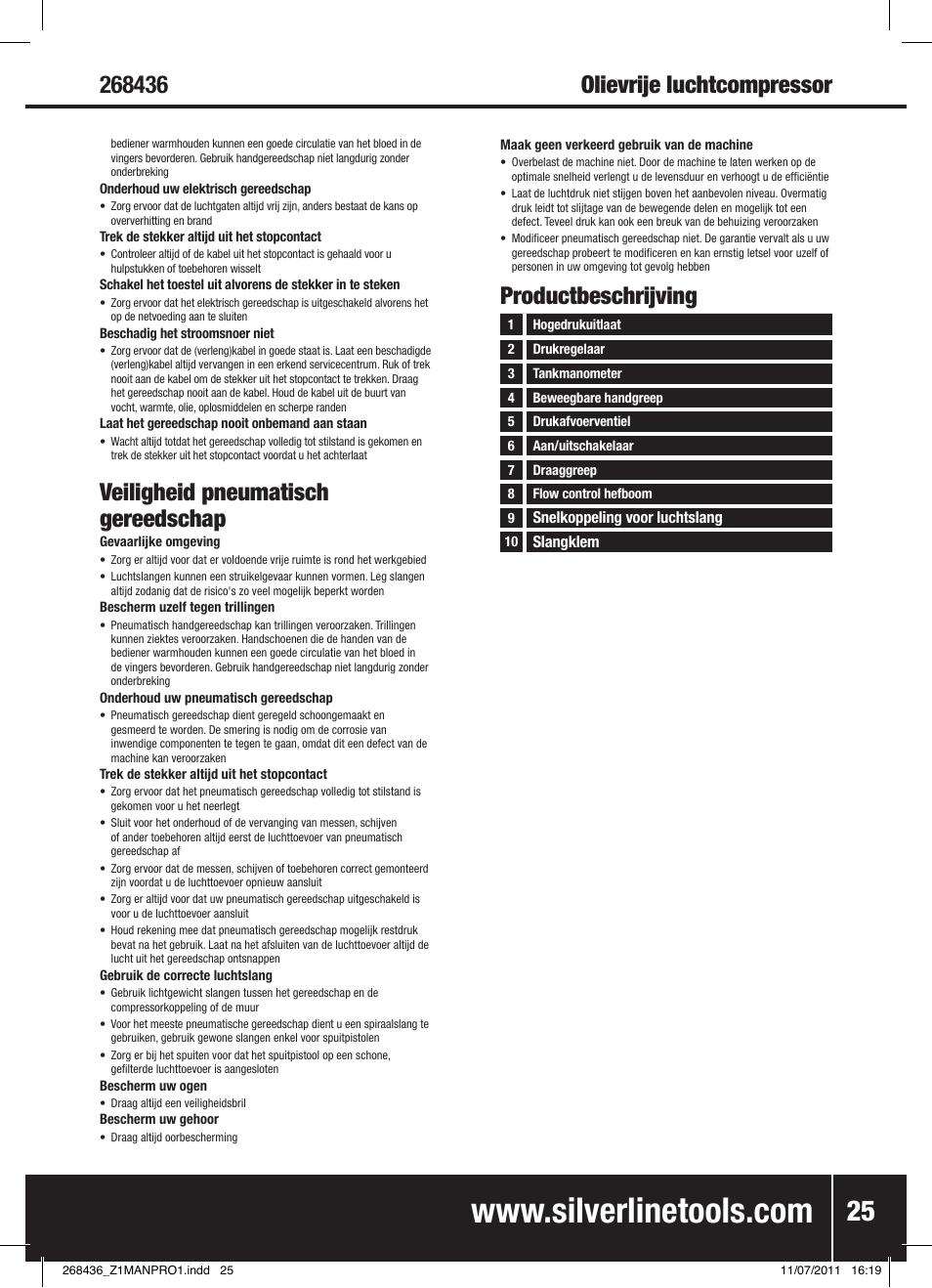 Veiligheid pneumatisch gereedschap, Productbeschrijving | Silverline Oil-Free Air Compressor 24Ltr User Manual | Page 26 / 28