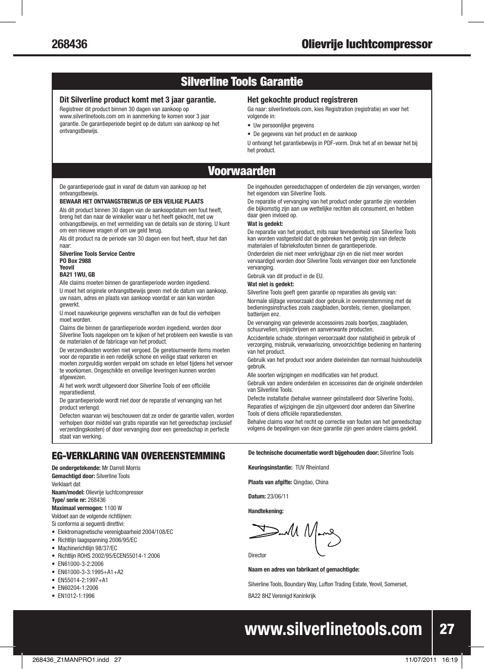 Voorwaarden silverline tools garantie, Eg-verklaring van overeenstemming | Silverline Oil-Free Air Compressor 24Ltr User Manual | Page 28 / 28