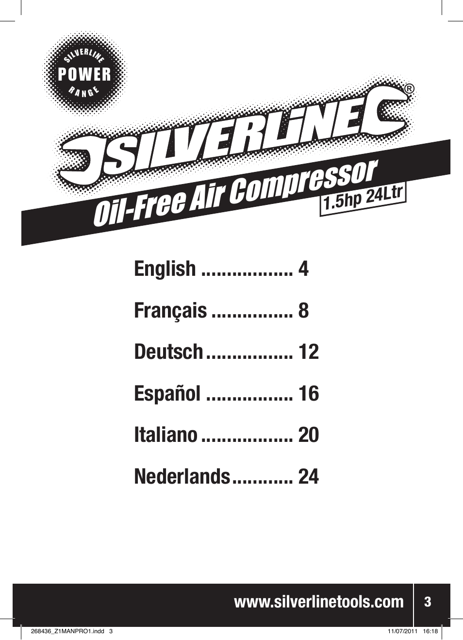 Oil-free air compressor, Power, 5hp 24ltr | Silverline Oil-Free Air Compressor 24Ltr User Manual | Page 4 / 28