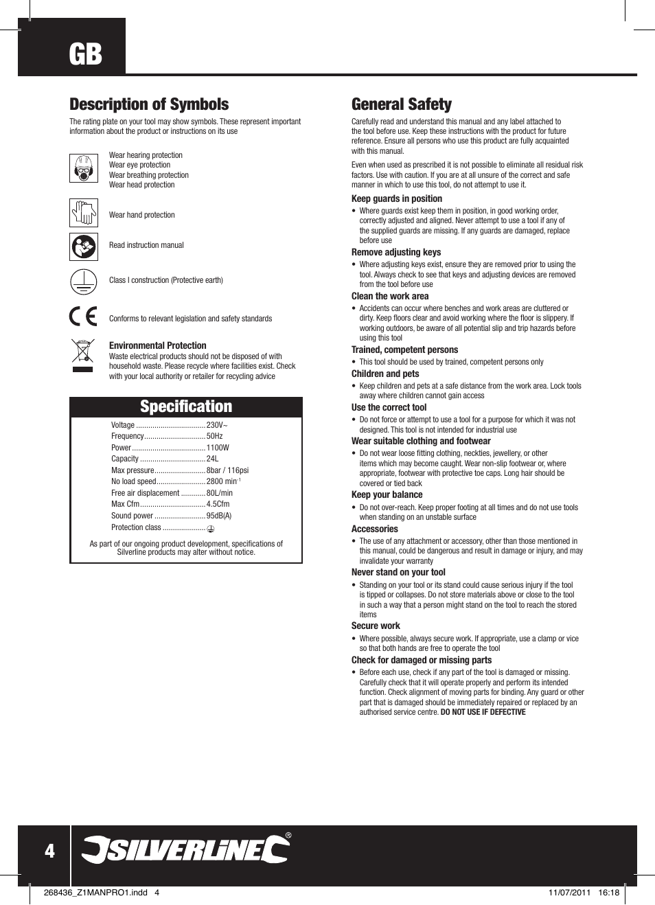 Specification, General safety, Description of symbols | Silverline Oil-Free Air Compressor 24Ltr User Manual | Page 5 / 28