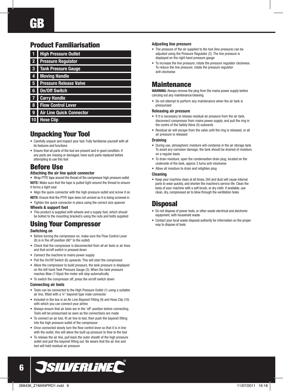 Unpacking your tool, Before use, Using your compressor | Maintenance, Disposal, Product familiarisation | Silverline Oil-Free Air Compressor 24Ltr User Manual | Page 7 / 28