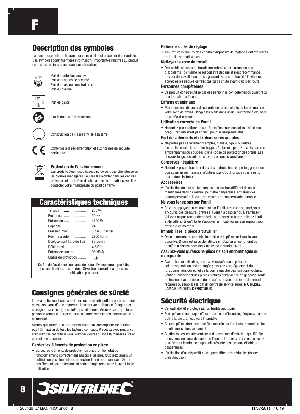 Sécurité électrique, Consignes générales de sûreté, Caractéristiques techniques | Description des symboles | Silverline Oil-Free Air Compressor 24Ltr User Manual | Page 9 / 28