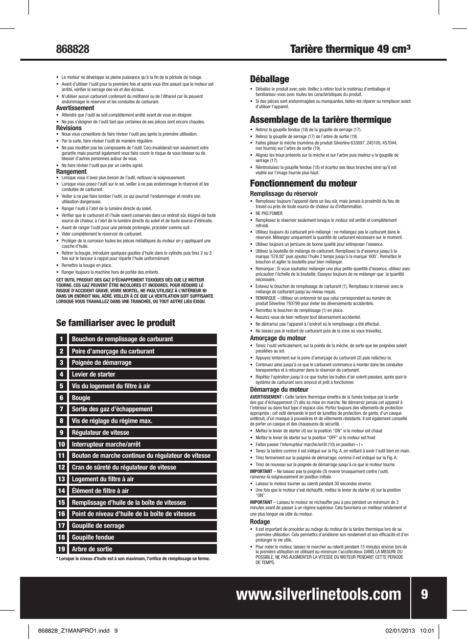 Déballage, Assemblage de la tarière thermique, Fonctionnement du moteur | Se familiariser avec le produit | Silverline Earth Auger Petrol 49cc User Manual | Page 10 / 28