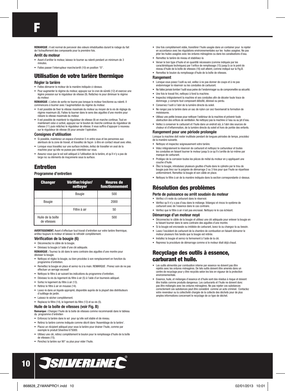 Utilisation de votre tarière thermique, Entretien, Résolution des problèmes | Recyclage des outils à essence, carburant et huile | Silverline Earth Auger Petrol 49cc User Manual | Page 11 / 28