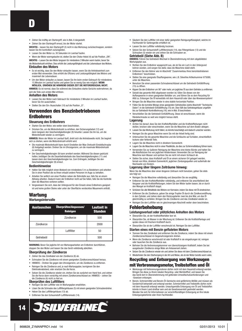 Verwenden des benzinbetriebenen erdbohrers, Wartung, Fehlerbehebung | Silverline Earth Auger Petrol 49cc User Manual | Page 15 / 28