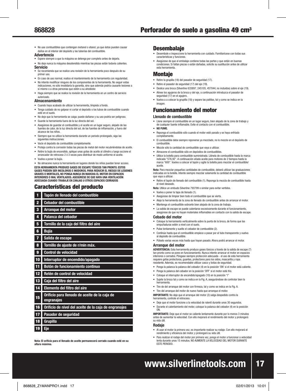 Desembalaje, Montaje, Funcionamiento del motor | Características del producto | Silverline Earth Auger Petrol 49cc User Manual | Page 18 / 28