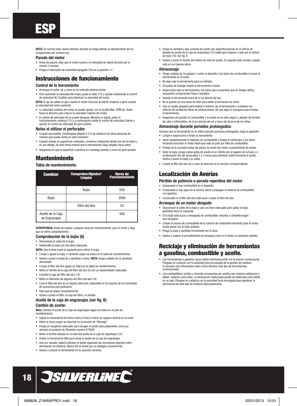 Instrucciones de funcionamiento, Mantenimiento, Localización de averías | Silverline Earth Auger Petrol 49cc User Manual | Page 19 / 28