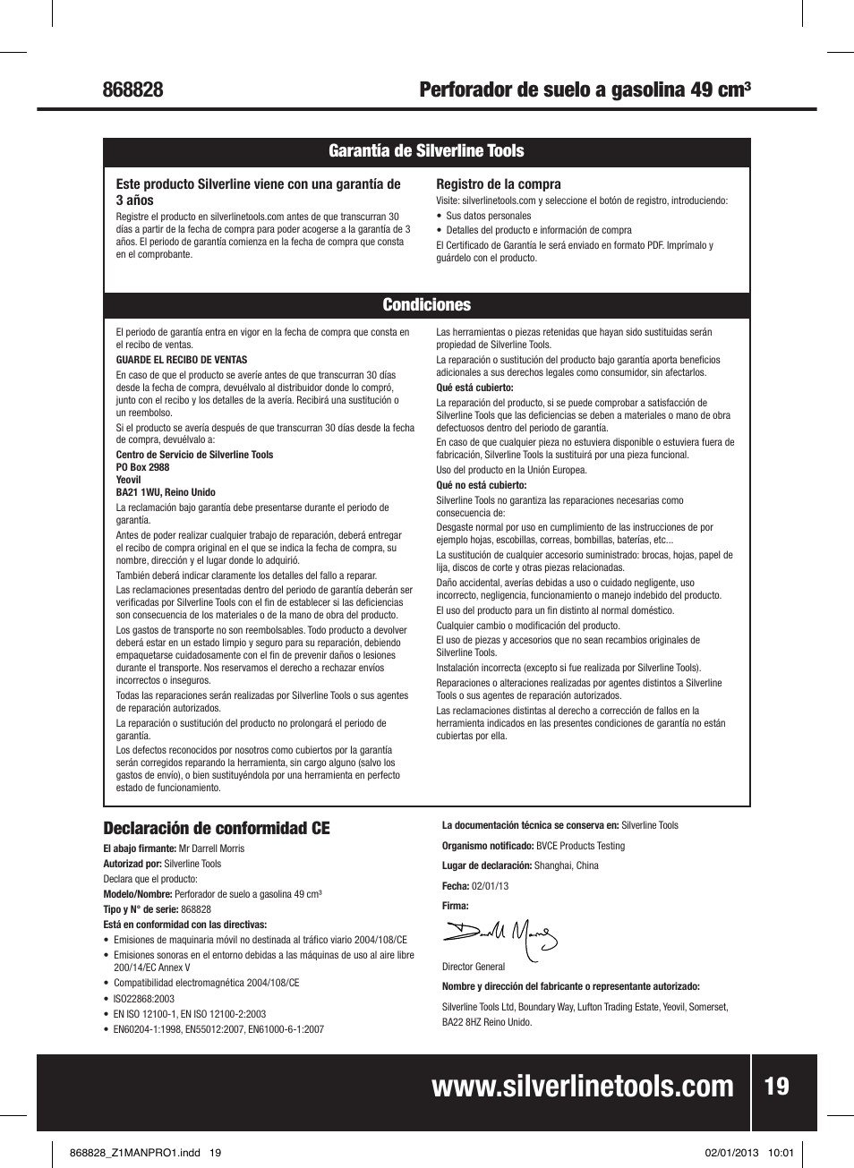 Declaración de conformidad ce, Condiciones garantía de silverline tools | Silverline Earth Auger Petrol 49cc User Manual | Page 20 / 28