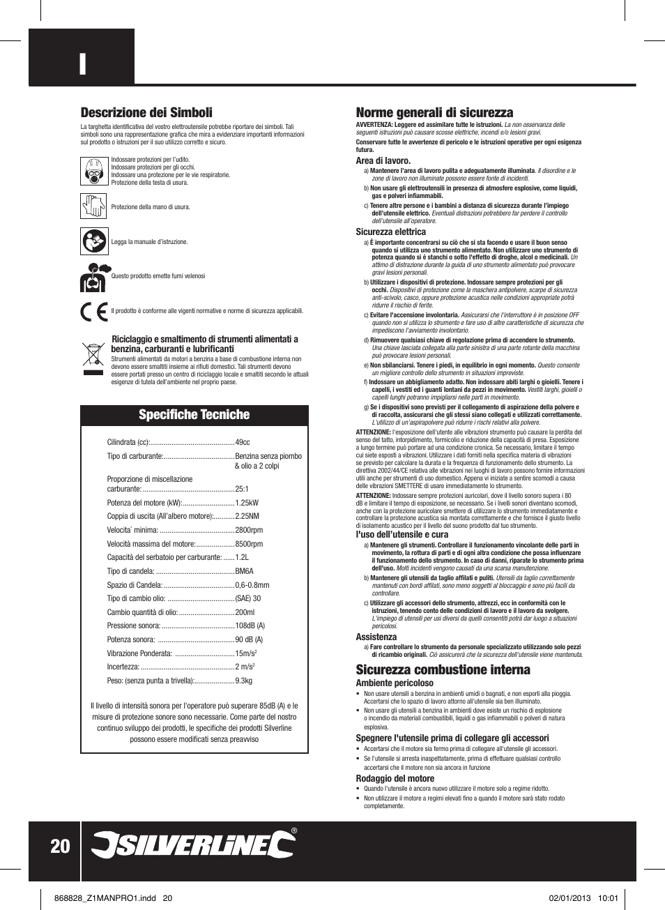 Descrizione dei simboli, Specifiche tecniche, Norme generali di sicurezza | Sicurezza combustione interna | Silverline Earth Auger Petrol 49cc User Manual | Page 21 / 28