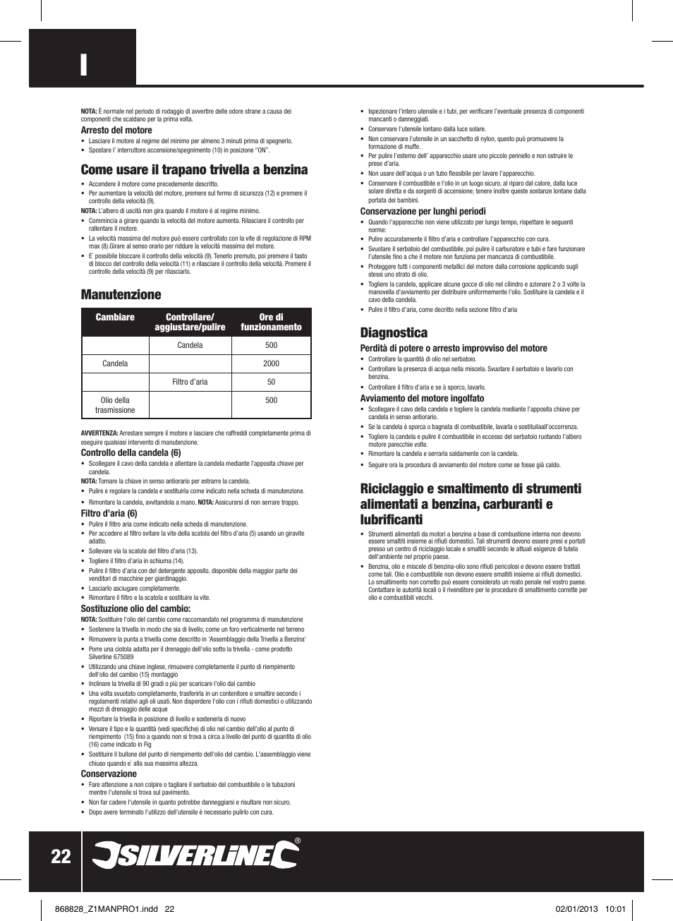 Come usare il trapano trivella a benzina, Manutenzione, Diagnostica | Silverline Earth Auger Petrol 49cc User Manual | Page 23 / 28