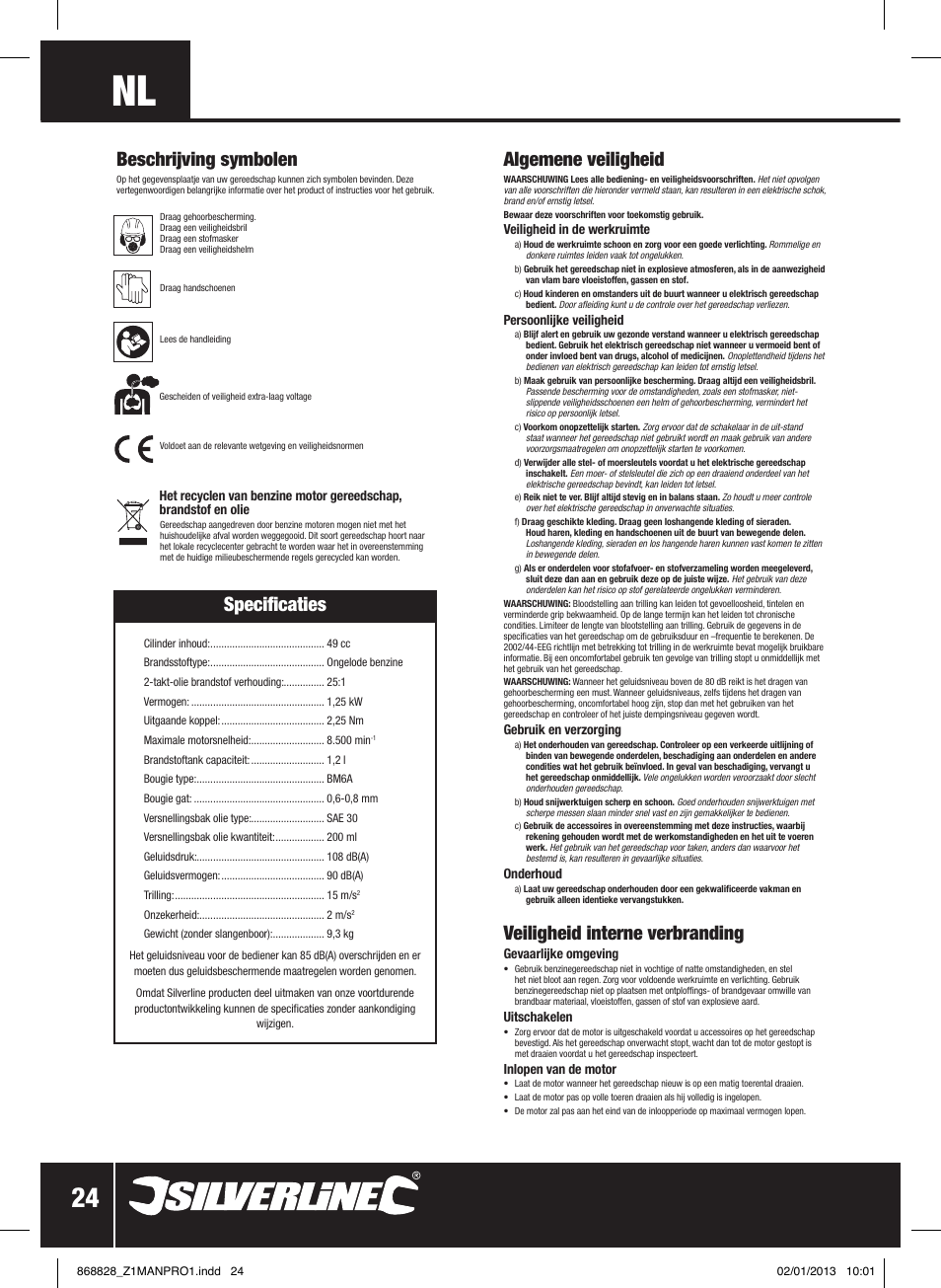 Specificaties, Algemene veiligheid, Veiligheid interne verbranding | Beschrijving symbolen | Silverline Earth Auger Petrol 49cc User Manual | Page 25 / 28