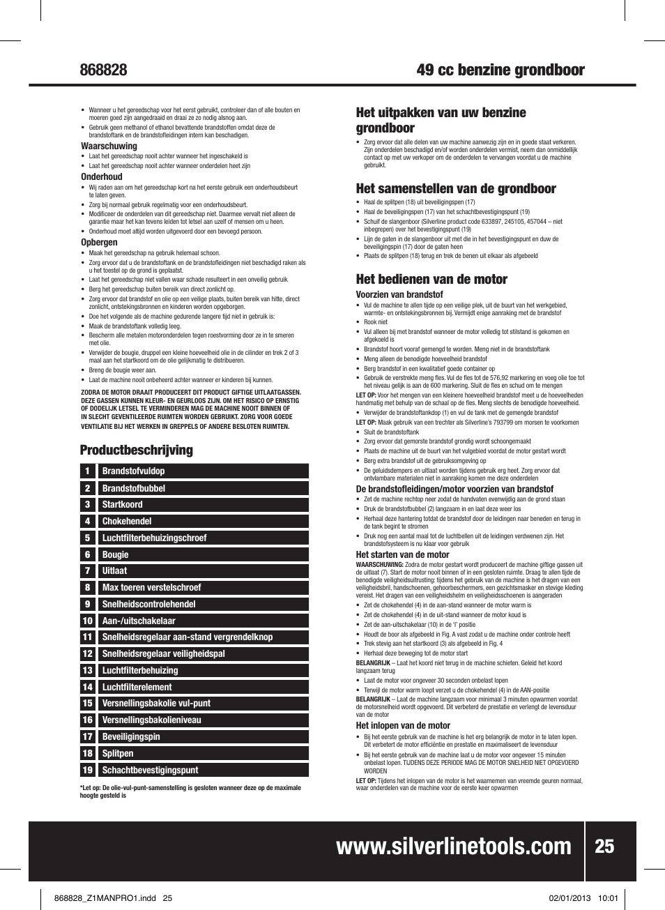 Het uitpakken van uw benzine grondboor, Het samenstellen van de grondboor, Het bedienen van de motor | Productbeschrijving | Silverline Earth Auger Petrol 49cc User Manual | Page 26 / 28