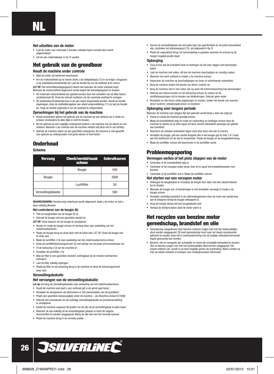 Het gebruik van de grondboor, Onderhoud, Probleemopsporing | Silverline Earth Auger Petrol 49cc User Manual | Page 27 / 28