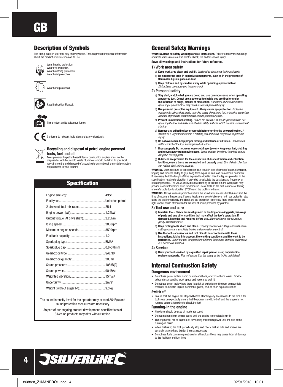 Specification, General safety warnings, Internal combustion safety | Description of symbols | Silverline Earth Auger Petrol 49cc User Manual | Page 5 / 28