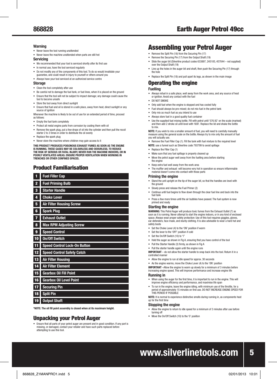 Operating the engine, Unpacking your petrol auger, Product familiarisation | Silverline Earth Auger Petrol 49cc User Manual | Page 6 / 28