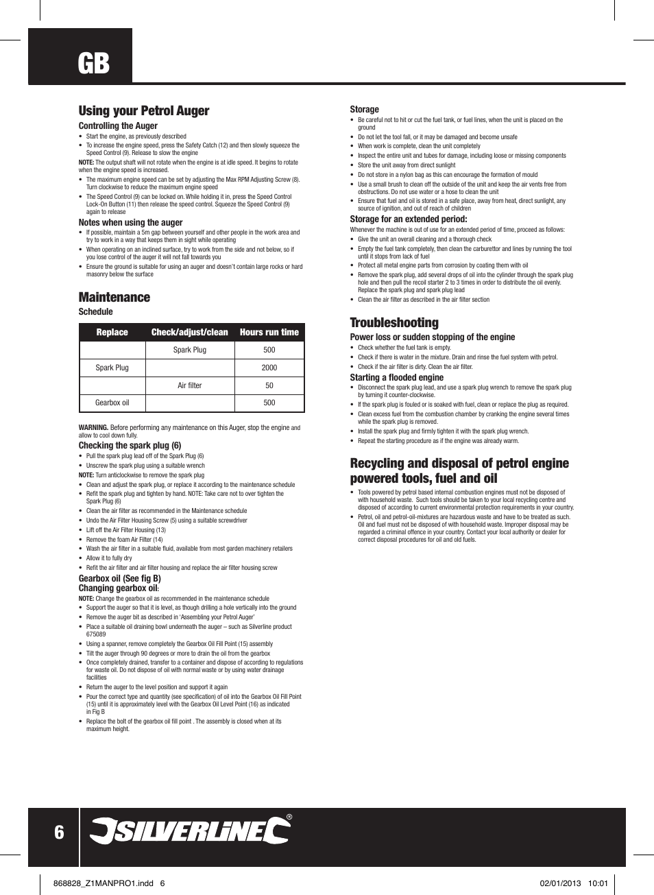 Using your petrol auger, Maintenance, Troubleshooting | Silverline Earth Auger Petrol 49cc User Manual | Page 7 / 28