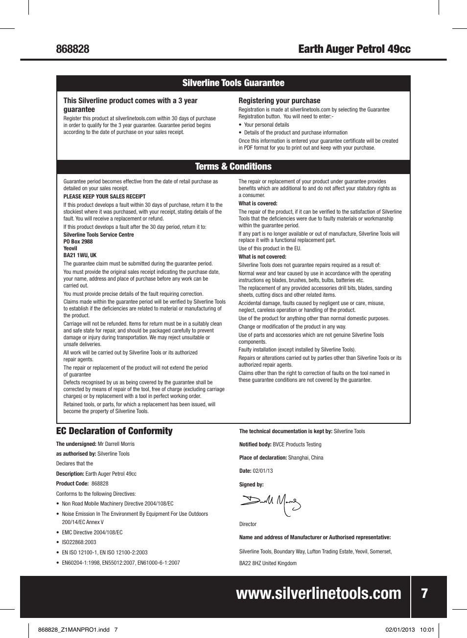 Ec declaration of conformity, Terms & conditions silverline tools guarantee | Silverline Earth Auger Petrol 49cc User Manual | Page 8 / 28