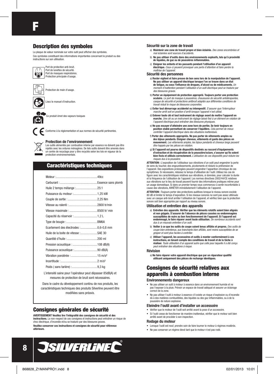 Caractéristiques techniques, Description des symboles, Consignes générales de sécurité | Silverline Earth Auger Petrol 49cc User Manual | Page 9 / 28